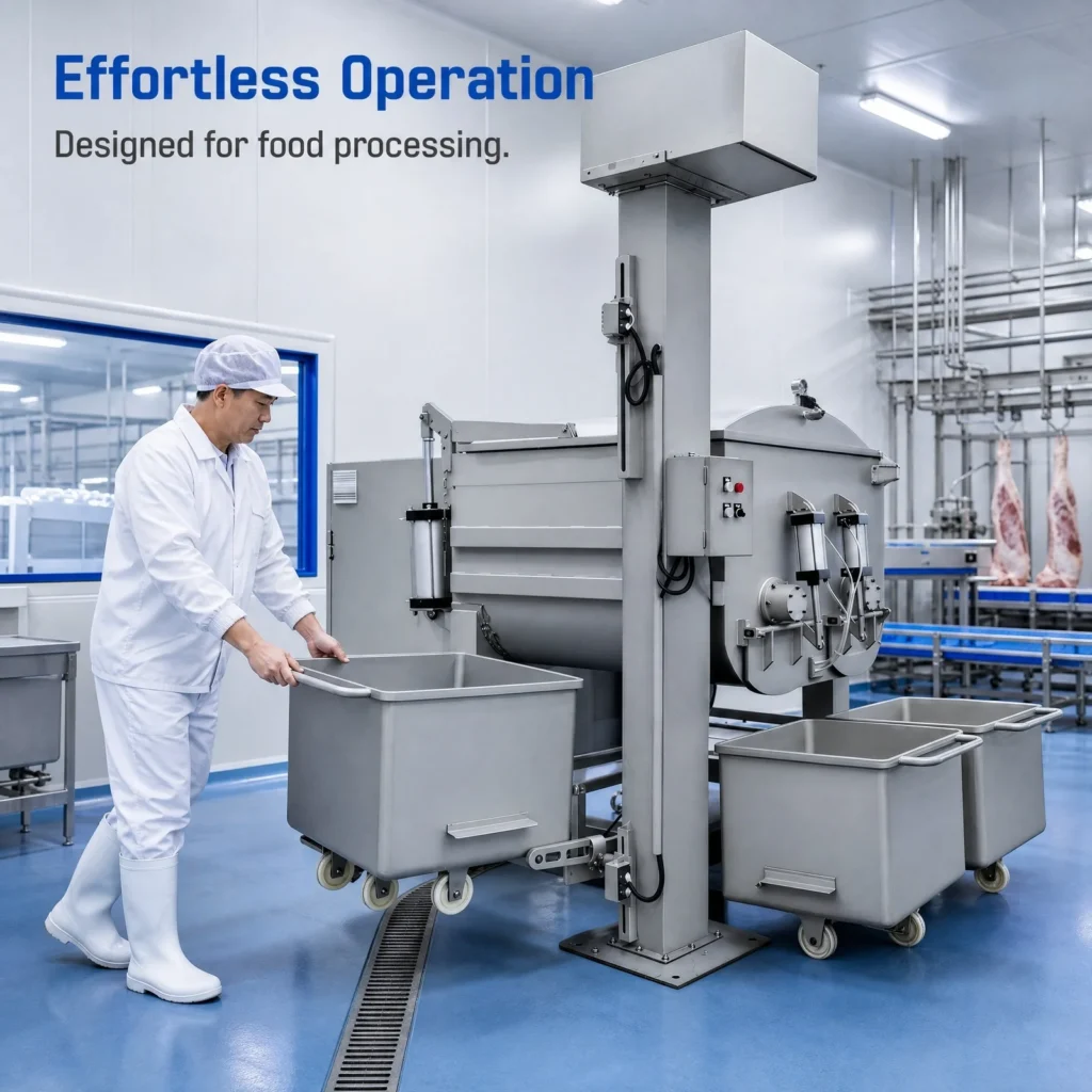 Meat mixer machine filling minced meat into trolleys, automatic meat processing equipment for sausage production
