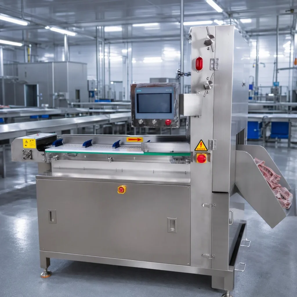 Detail of automatic bone sawing machine, PLC touch screen and meat cutting system for meat plant