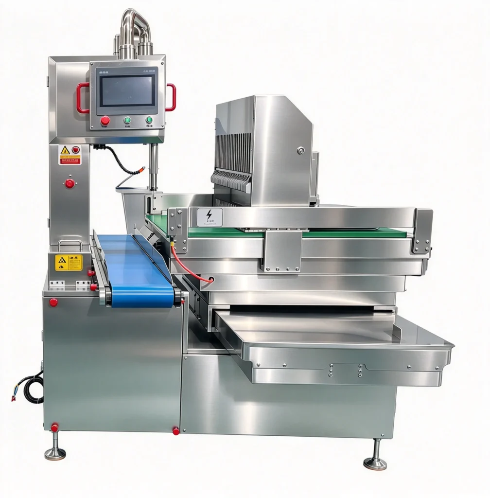 Automatic bone saw machine equipped with dual-way conveyor, designed for efficient meat processing and industrial cutting applications