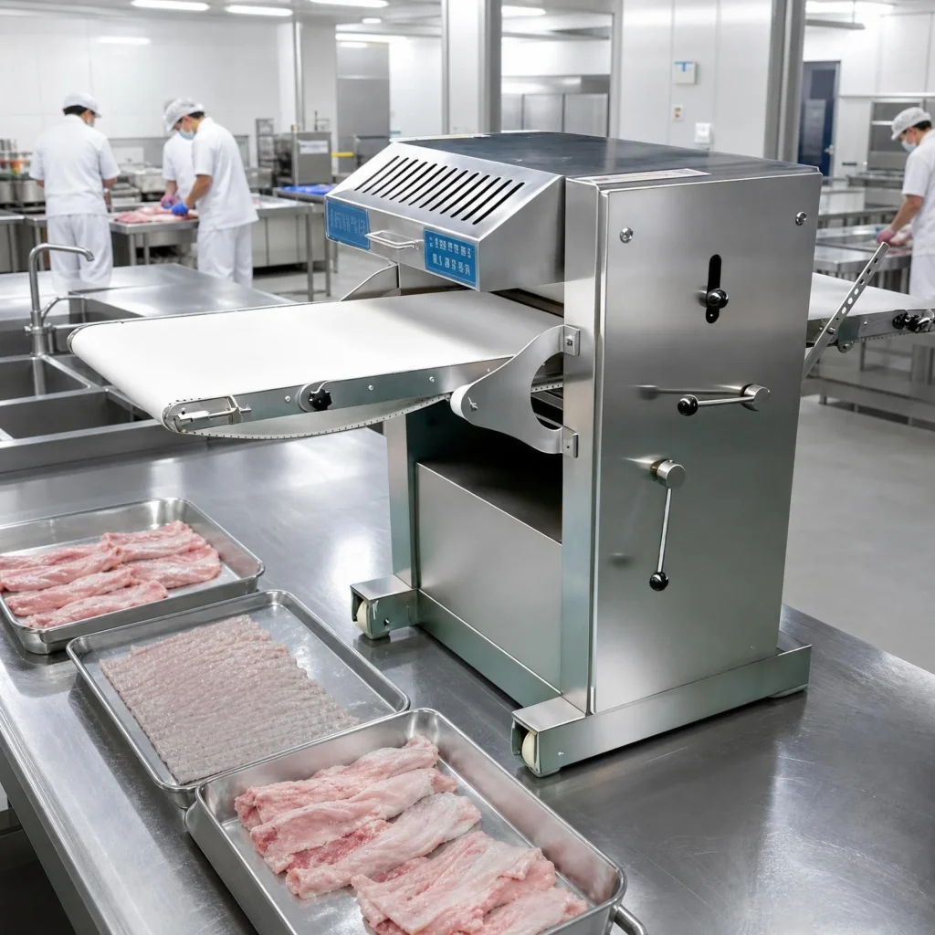 Conveyor feeding structure of industrial meat skin peeling machine, stainless steel pork skin peeler detail