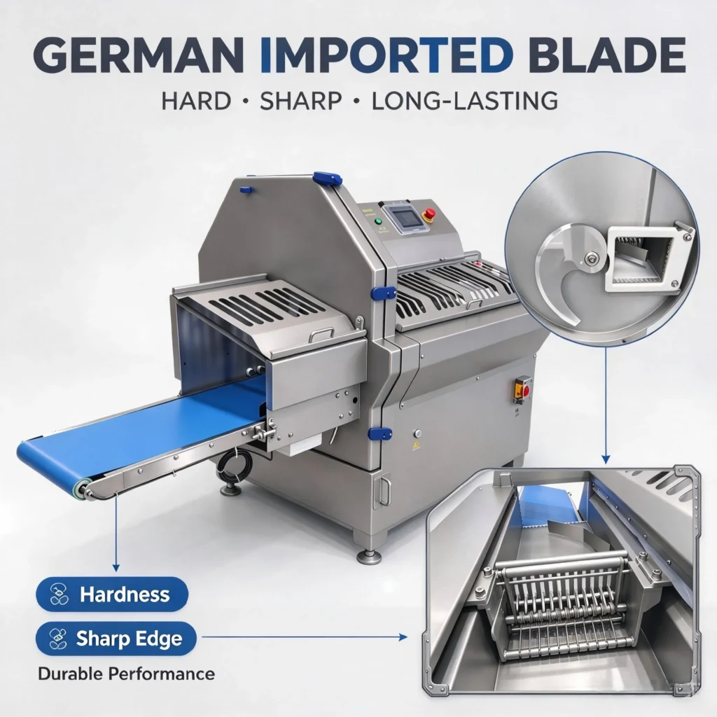 Blue conveyor feeding inlet of BG industrial steak slicing machine for semi-frozen beef pork cutting