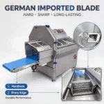 Blue conveyor feeding inlet of BG industrial steak slicing machine for semi-frozen beef pork cutting