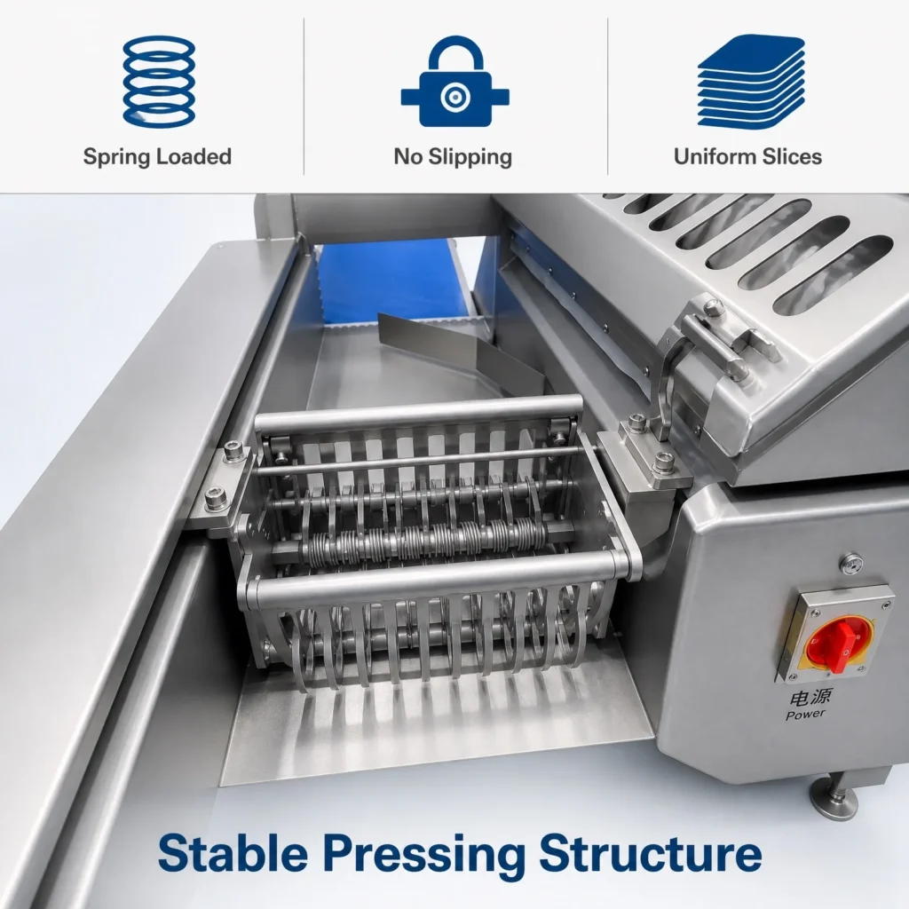 BG automatic steak slicing machine working in meat processing workshop for frozen steak pork chop cutting