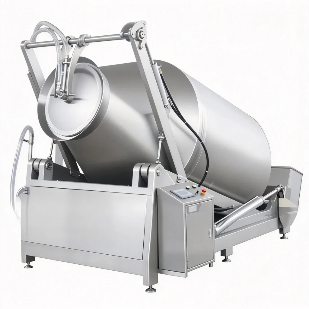 Complete set: vacuum tumbler + hydraulic loading cart for meat processing
