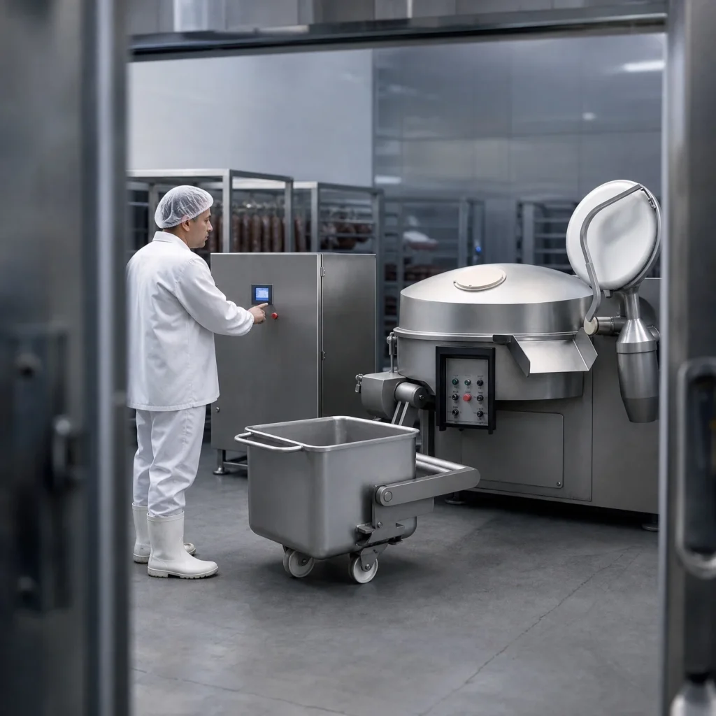 Operator runs BG-200 vacuum bowl cutter in meat processing factory workshop