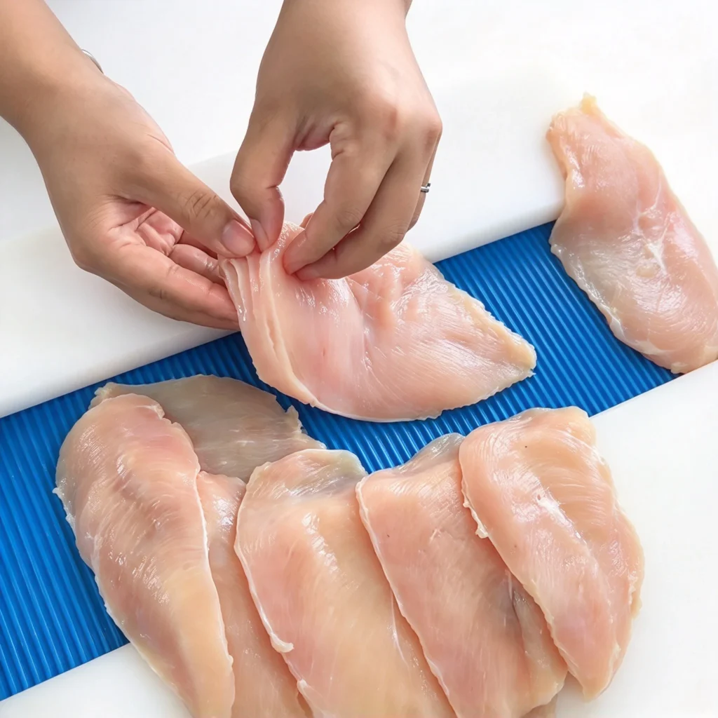 Uniform thin chicken breast slices output from horizontal slicer