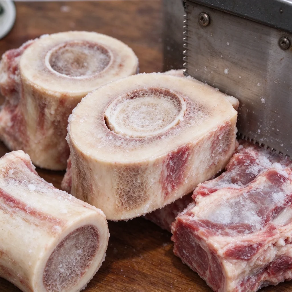 Frozen beef marrow bone cut pieces from automatic bone cutting machine