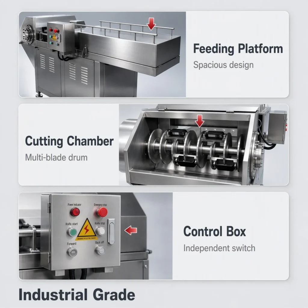 Frozen meat block flaker working in meat processing workshop