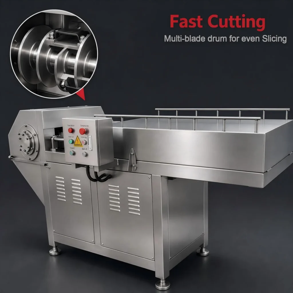 Side view of BG-700 frozen meat block flaker for meat plant