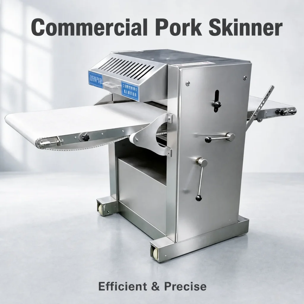 Close-up of pork skin peeling machine working process, industrial meat skin removing machine for pork skin processing