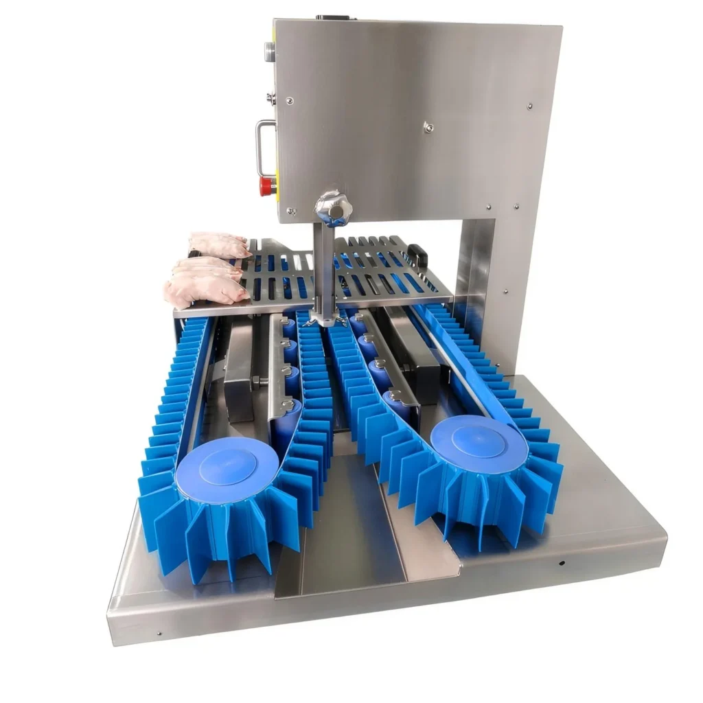 Automatic conveyor pork feet splitting machine working table with blue conveyor