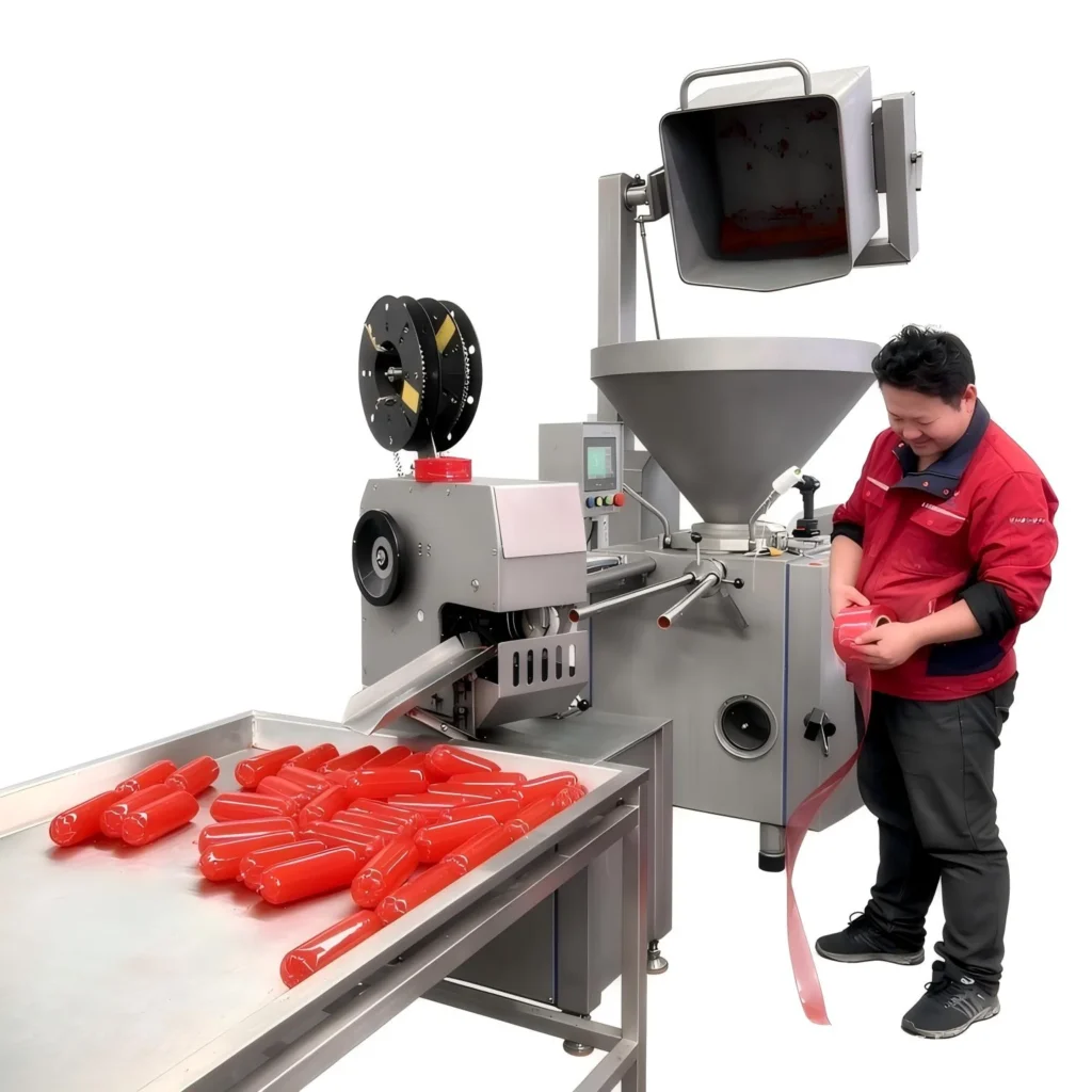 4.Side view of sausage filling and clipping production line for meat processing plant