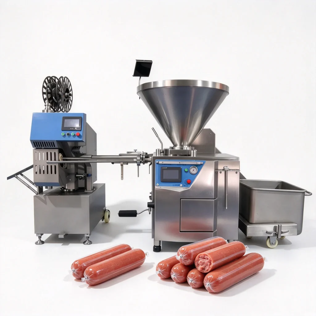 1.BG-6000 sausage vacuum stuffer with CSK-15 sausage clipper complete production line, finished sausage display