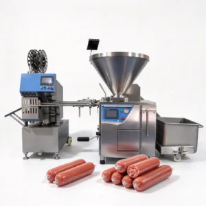 1.BG-6000 sausage vacuum stuffer with CSK-15 sausage clipper complete production line, finished sausage display