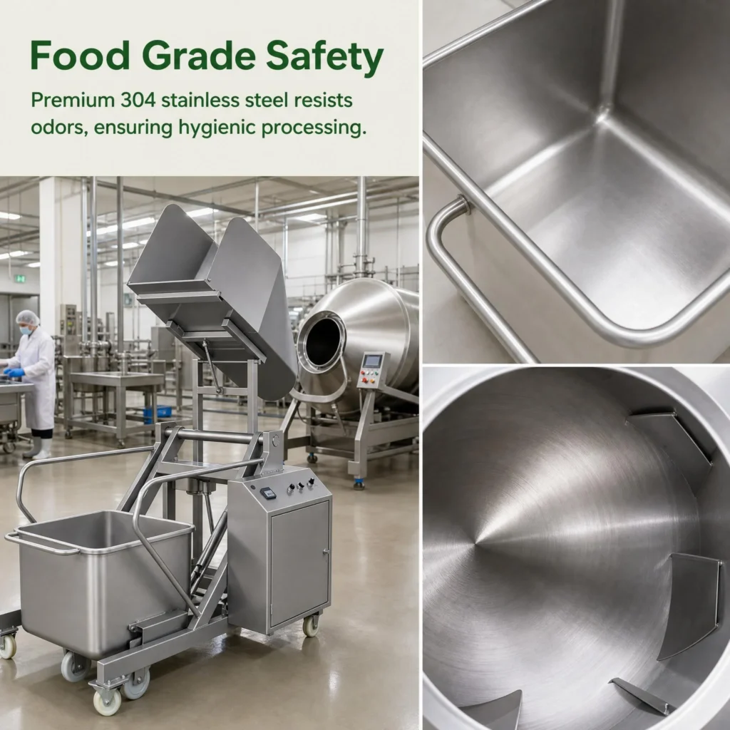 BG-1200 stainless steel hydraulic meat bucket lifter for vacuum tumbler